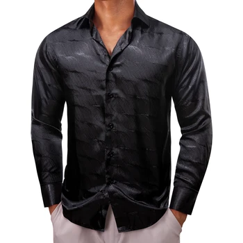 Роскошные Рубашки для мужчин из шелка и атласа с длинным рукавом, Черные Облегающие Мужские Блузки, Топы с отложным воротником, дышащая одежда