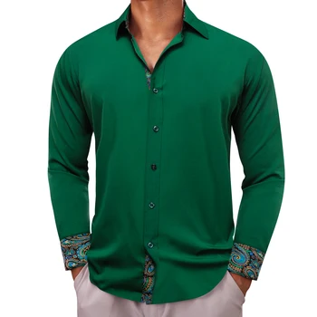 Роскошные рубашки для мужчин, шелковые, с длинным рукавом, зеленые, синие, однотонные, с нашивками Пейсли, Приталенные мужские блузки, повседневные топы Barry Wang