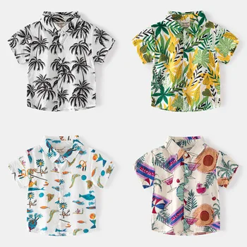 Рубашка поло с гавайским принтом Для летних мальчиков, отложной воротник, Короткие рукава, футболка в абстрактном стиле, Детская хлопковая одежда для отдыха на море, наряды