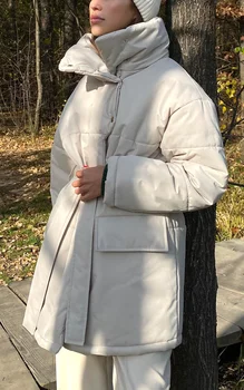 Теплые женские зимние парки 2022 размера Оверсайз, прямое повседневное пальто с хлопковой подкладкой на толстых пуговицах, Мягкая бежевая куртка с поясом