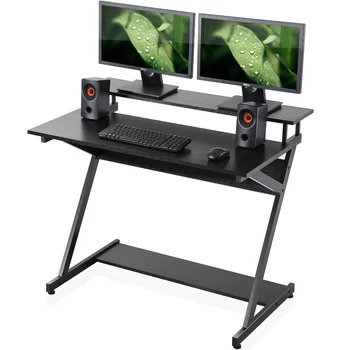Уникальный Z-образный 40-дюймовый компьютерный стол с полкой на 2 монитора и нижними полками для хранения вещей для небольшого пространства, компактный рабочий письменный стол