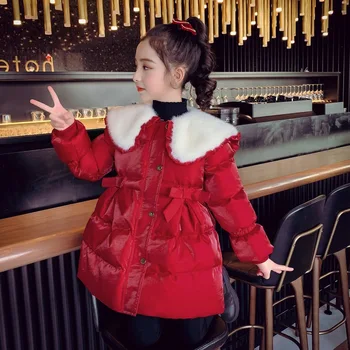 Хлопчатобумажная куртка для девочек, модная теплая хлопчатобумажная куртка с большим отворотом, зимняя детская пуховая куртка среднего и крупного размера
