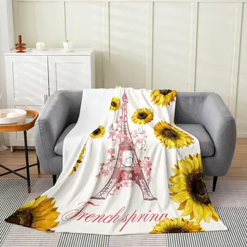Эйфелева башня, Фланелевое флисовое одеяло, Парижский подсолнух, плюшевый плед, для мальчиков и девочек, Парижский Желтый цветок